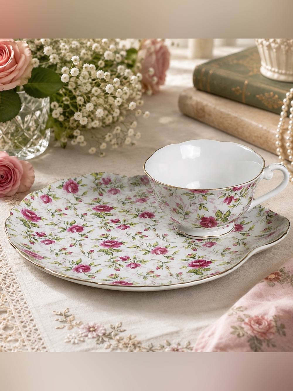 Vintage Snack Plate & Teacup Set Lefton Rose Chintz Gold Trim Cottagecore